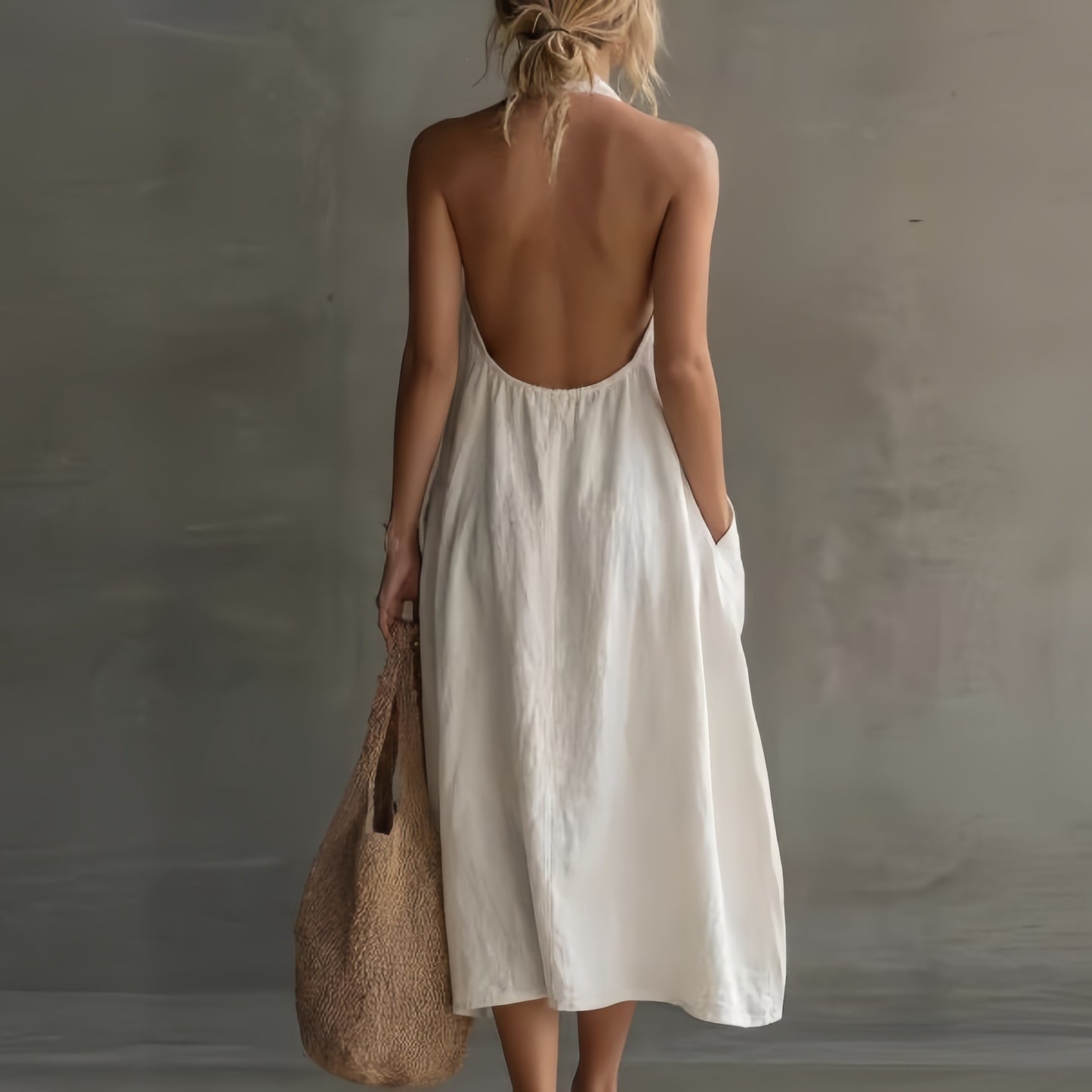 Summer sleeveless dress for women – European and American style halter neck V-neck backless fashion dress with pockets-White